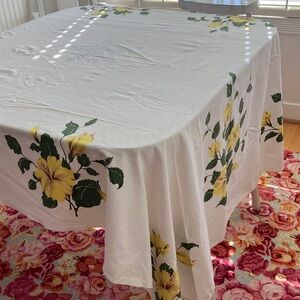 White Cotton Tablecloth with Yellow Floral Print Large Rectangle 60” x 82”